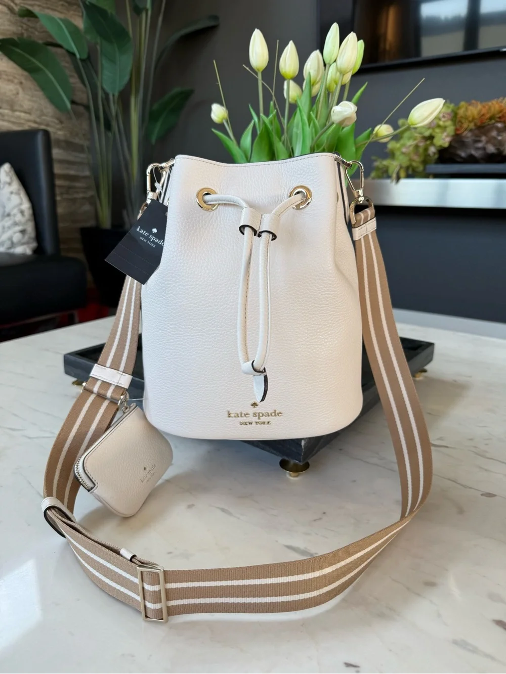 New Kate Spade Rosie Leather Large Bucket Bag Parchment